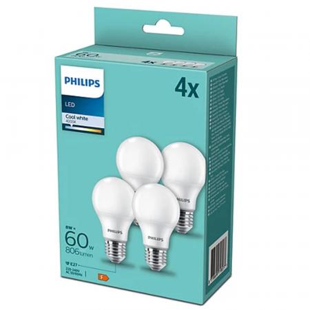 4er-Sparpack PHILIPS E27 LED Glühbirnen opalweiss gefrostet 9W wie 60W 4000K universalweisses Licht