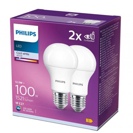 2er-Sparpack PHILIPS E27 LED Glühbirne opalweiss gefrostet 12,5W wie 100W 4000K universalweisses Licht