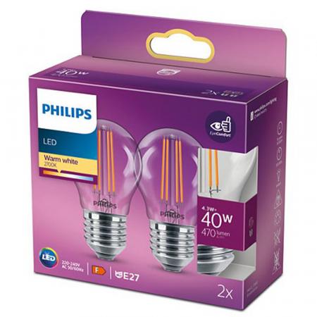 2er-Pack E27 PHILIPS LED Tropfenlampe 4.3W wie 40W warmes Licht Filamentlampe