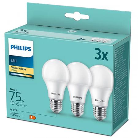 3er-Sparpack PHILIPS E27 LED Glühbirnenform opalweiss gefrostet 10W wie 75W warmweisses Licht 2700K