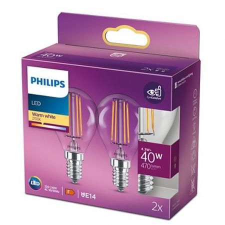 2er Pack E14 PHILIPS LED Tropfen Lampen klar 4.3W wie 40W warmweiß für behagliche Wohnbeleuchtung