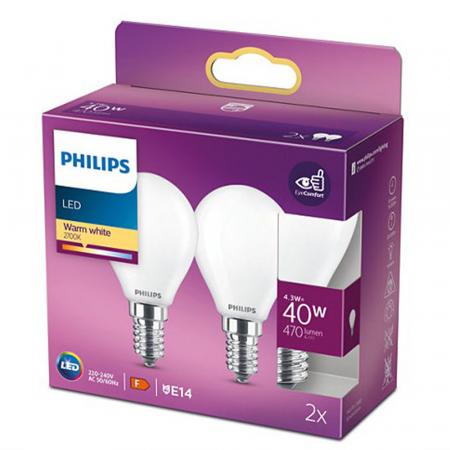 2-er PHILIPS E14 LED Tropfen Lampen opalweiß mattiert 4.3W wie 40W warmweiß & blendfrei