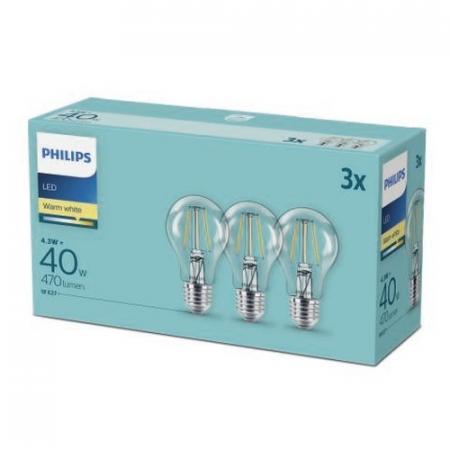 3-er Pack PHILIPS E27 LED in klassischer Glühlampenform 4.3W wie 40W warmweisse Filamentlampen