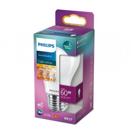 Philips E27 LED Scene Switch Ambientebeleuchtung mit 3-Stufen-Dimmer 7,5W als 60W-Ersatz opalweiß mattiert