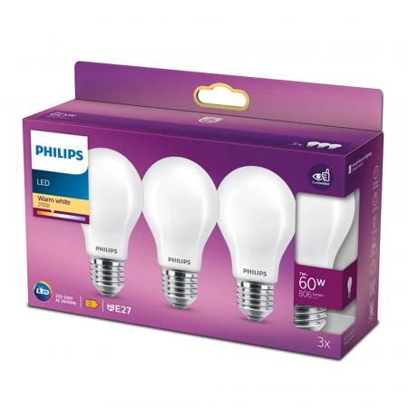 3er Sparpack PHILIPS E27 LED CLASSIC Lampen 7W wie 60W 2700K warmweißes Licht - blendreduziert durch opalweiße Mattierung