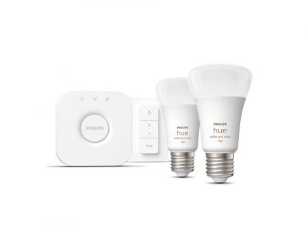 Starter Set Philips Hue E27 Lampe A60 Doppelpack + Dimmschalter + Hue Bridge RBGW