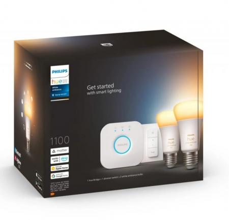 Starter Set Philips Hue White Ambiance E27 Lampe A60 Doppelpack + Dimmschalter + Hue Bridge