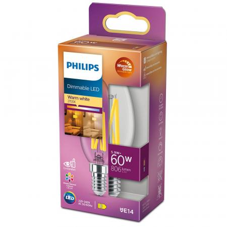 PHILIPS LED Leuchtmittel E14 Kerze 5,9W = 60W WarmGlow warmweißes Licht mit Dimmfunktion