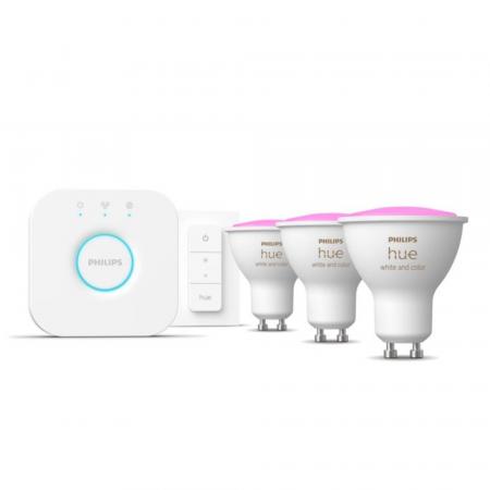 Philips Hue White & Color Ambiance Starter Set mit 3 x GU10 RGBW Lampen 4,2W wie 35W & Bridge &  Dimmschalter