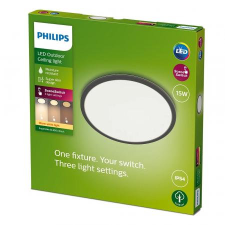 Philips SuperSlim LED IP54 Ø 25cm in schwarz 2.700K warmweißes Licht