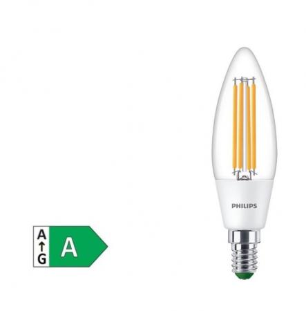 Besonders effiziente PHILIPS E14 LED Filament Lampe in Kerzenform 2,3W wie 40W warmweißes Licht 3000K - Beste Energie Effizienz Klasse