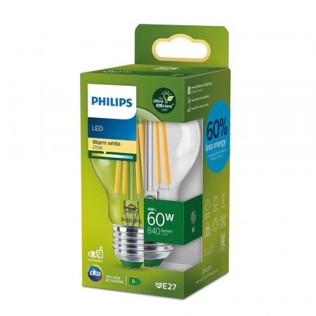 PHILIPS Classic E27 Ultra Efficientes LED Leuchtmittel 4W wie 60W warmweißes Licht in trendiger Filamentoptik 2700K