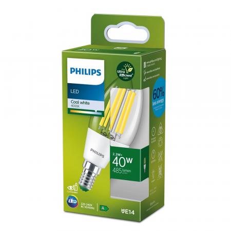 Besonders effiziente PHILIPS E14 LED Filament Kerzenlampe 2,3W = 40W 4000K neutralweißes Licht - Beste Energie Effizienz Klasse