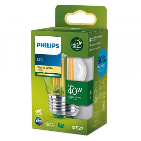 Besonders effiziente PHILIPS E27 LED Filament Tropfenlampe 2,3W = 40W 2700K warmweißes Licht - Beste Energie Effizienz Klasse