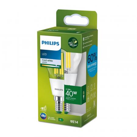 Besonders effiziente PHILIPS E14 LED Filament Tropfenlampe 2,3W = 40W 4000K neutralweißes Licht - Beste Energie Effizienz Klasse