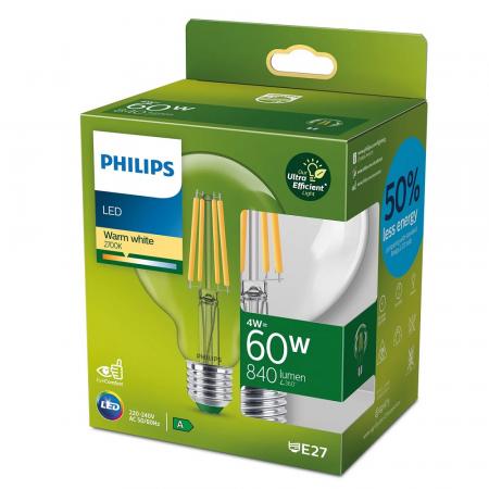 Besonders effiziente PHILIPS E27 LED Filament Lampe Globe G95 4W = 60W 2700K warmweißes Licht - Beste Energie Effizienz Klasse