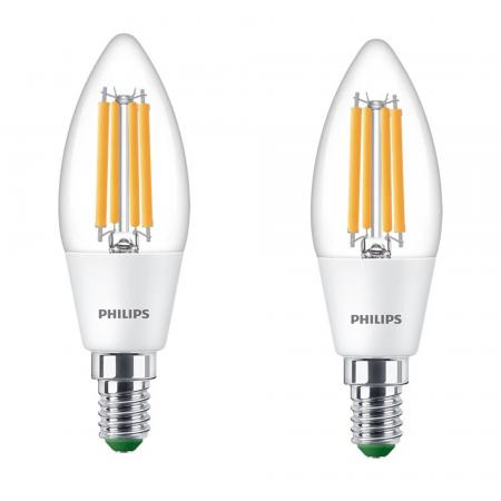 2er Pack Besonders effiziente PHILIPS E14 LED Filament Kerzenlampe 2,3W = 40W 2700K warmweißes Licht