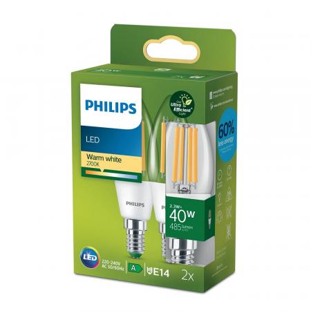 2er Pack Besonders effiziente PHILIPS E14 LED Filament Kerzenlampe 2,3W = 40W 2700K warmweißes Licht