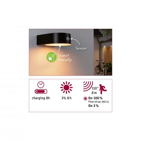 Paulmann 94730 Solar LED Außenwandleuchte Eileen Bewegungsmelder insektenfreundlich Spritzwasser geschützt extra warmweiß Schwarz