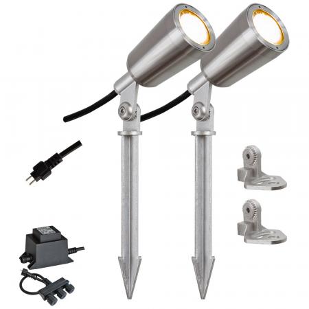 2er Set EVN LED Erdspießleuchte warmweißes Licht Gartenspot IP68 6W 3000K inkl. IP44 Trafo / 3-fach Verteiler