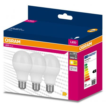 3er Sparpack leistungsstarke OSRAM E27 LED Lampe matt 19W wie 150W warmweißes Licht