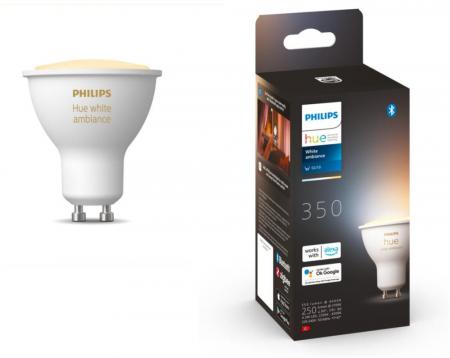 Philips Hue Warm White GU10 LED Leuchtmittel 4,3W wie 50W dimmbar Lichtfarbe 2.200 K - 6.500 K Bluetooth- und ZigBee steuerbar