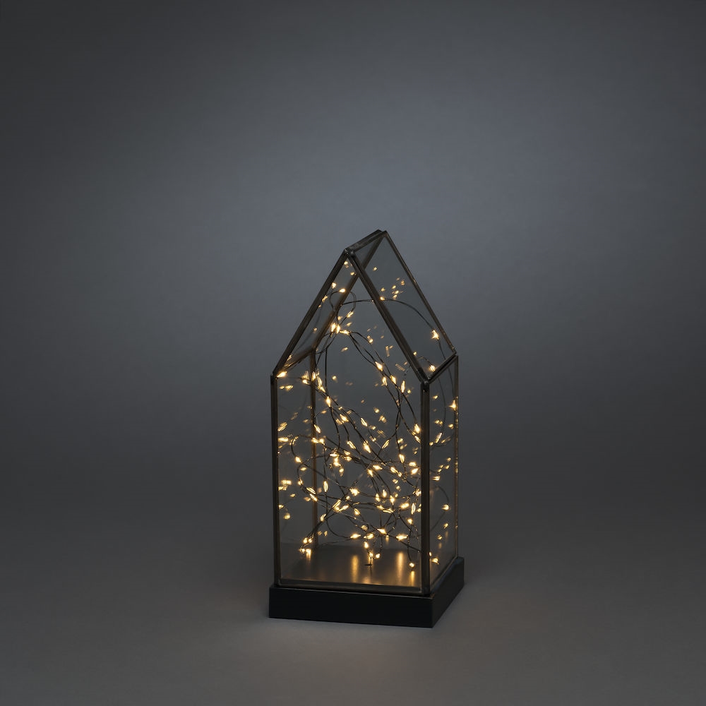 Konstsmide 1817-870 Spitze, LED-Lichterkette mit Laterne schwarzem Glas und Holzsockel