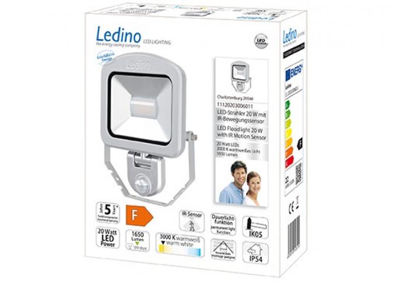 Ledino LED-Strahler mit Sensor PIR Fluter Charlottenburg 20SWI, 20W, 3000K, silber warmweiss