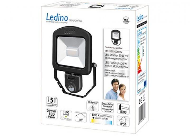 Ledino LED-Strahler mit Sensor PIR Fluter Charlottenburg 20SWI, 20W, 3000K, schwarz warmweiss