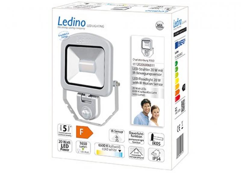 Ledino LED-Strahler mit Sensor PIR Fluter Charlottenburg 20SWI, 20W, 4000K, silber tageslichtweiss