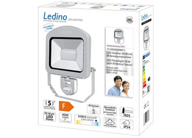 Ledino LED-Strahler mit Sensor Bewegungsmelder Charlottenburg 50SCI, 50W, 6500K, silber tageslichtweiss