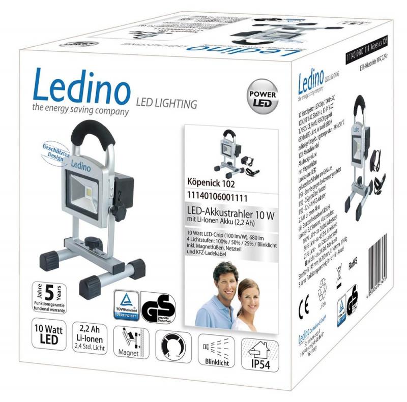 Ledino tragbarer LED-Baustrahler Köpenick 102 Magnetfüße in Silber nit Tageslichtweiß 6500K IP54