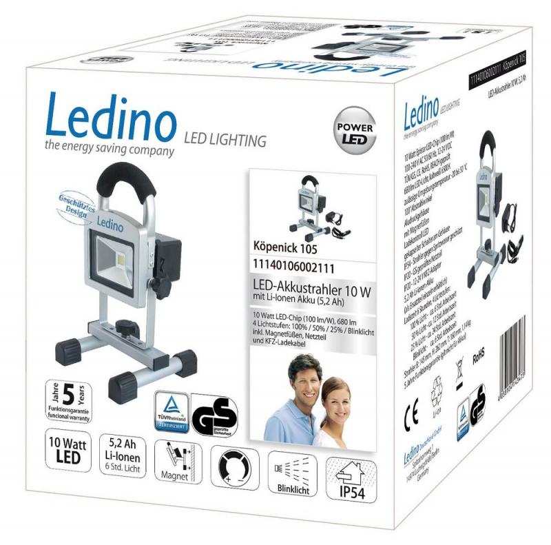 Ledino tragbarer LED-Baustrahler Köpenick 105 Magnetfüße in Silber Tageslichtweiß 6500K IP54