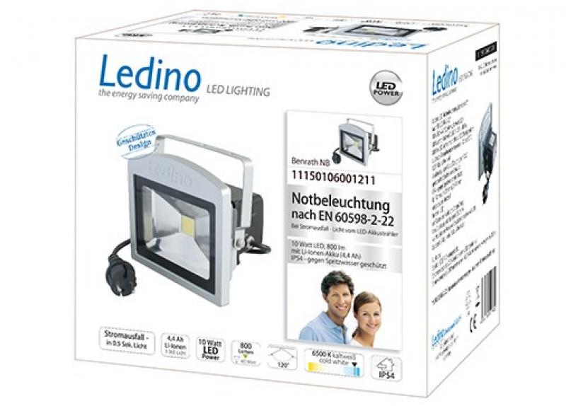 Ledino LED-Anti-Panik-Strahler Fluter Benrath 10W 6500K tageslichtweiss in Silber mit Akku