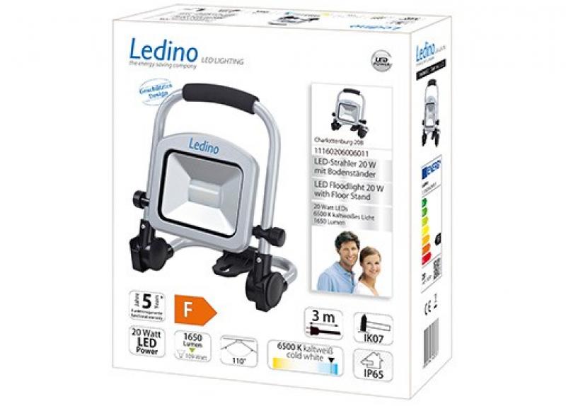 Ledino LED-Standstrahler 20W Fluter Charlottenburg 20B, 20W, 6500K, silber mit Tragegriff tageslichtweiss