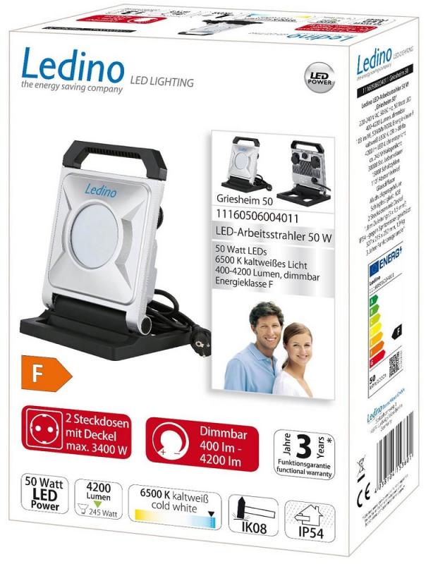 Ledino LED Arbeitsstrahler Griesheim 50 IP54  50W Leistung in silber / schwarz mit 2 Steckdosen mit Deckel