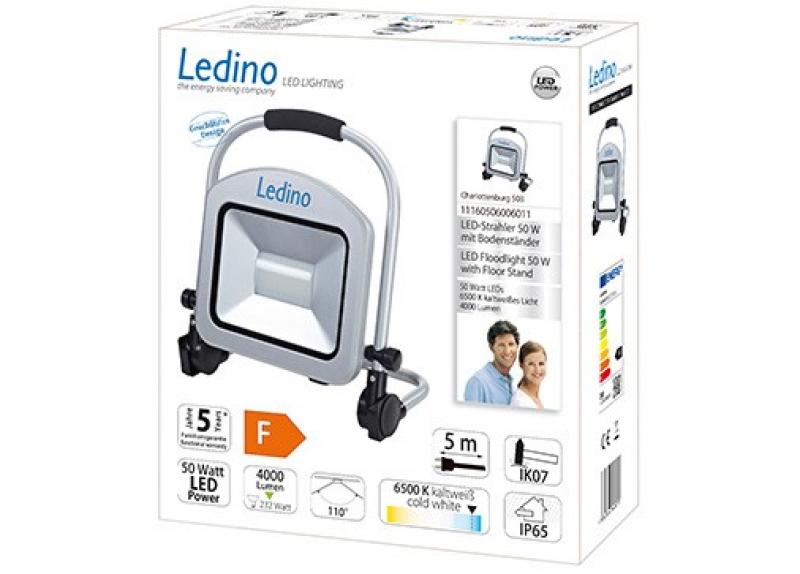 Ledino LED-Standstrahler 50W Fluter Charlottenburg 50B, 50W, 6500K, silber mit Tragegriff tageslichtweiss