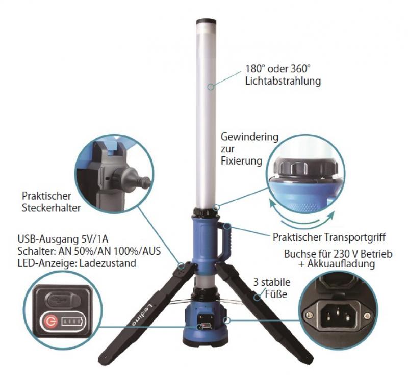 Akku + 230V Ledino LED-Strahlersäule / Baustrahler Rath 60W 360° Rundumlicht für optimale Ausleuchtung, IP54, besonders schlagfest 6500K