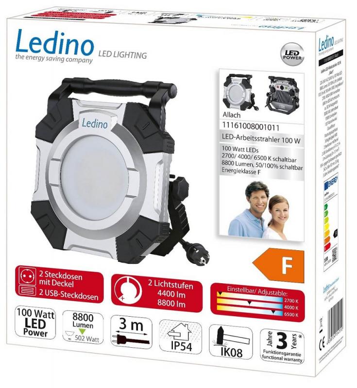 Ledino LED Arbeitsstrahler Allach IP54 mit 100 Watt Leistung in  silber / schwarz mit 2 Steckdosen & 2x USB-Steckdosen / 3 m Zuleitung