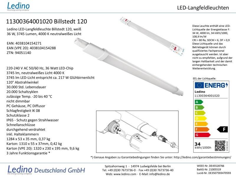 120cm Ledino LED-Leiste Billstedt Unterbauleuchte 36W 4000K neutralweisses Licht IP65