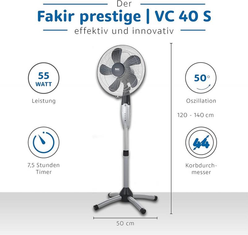 Fakir Prestige Standventilator VC 40 S in Silber/Anthrazit 3 Stufen, Timer, höhenverstellbar