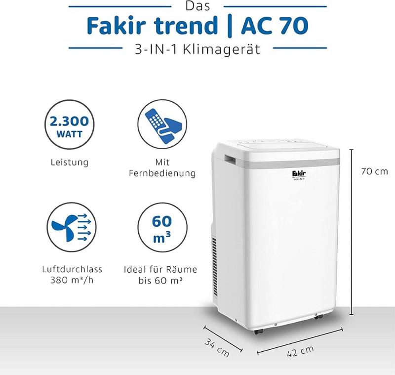 Fakir Trend AC 70, Mobile Klimaanlage mit Entlüftungsfunktion, Belüftung, Fernbedienung, 3 Windmodi, für Räume bis zu 60 m³