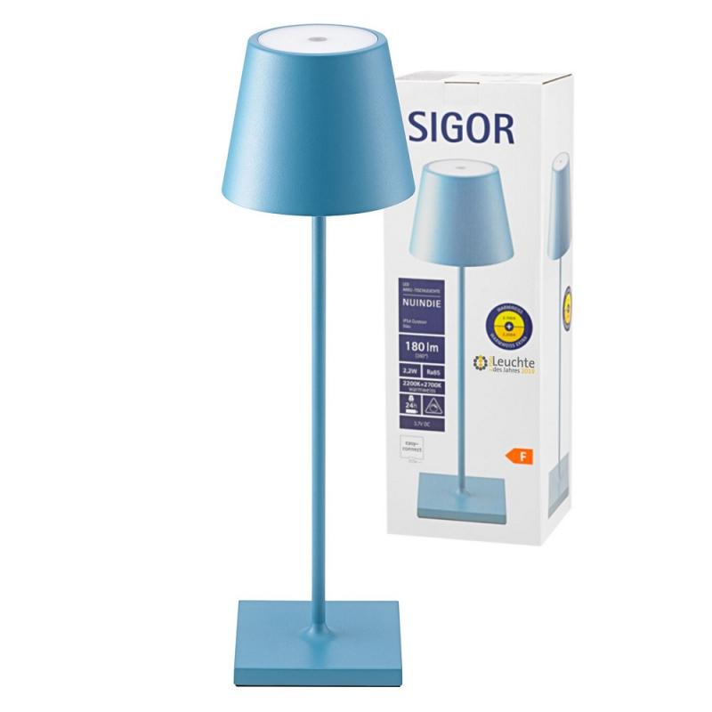 Sigor Akku-Tischleuchte NUINDIE rund blau dimmbar 38cm IP54 In & Out