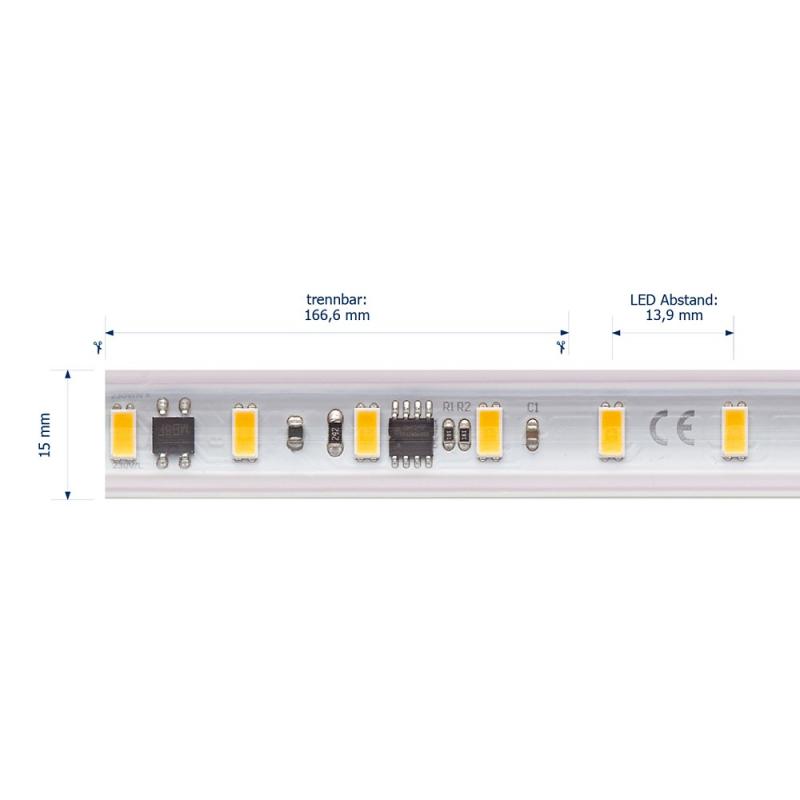 25 Meter Außen LED-Streifen IP65 14W 230V 1230lm Ra90 warmweiß 2700K