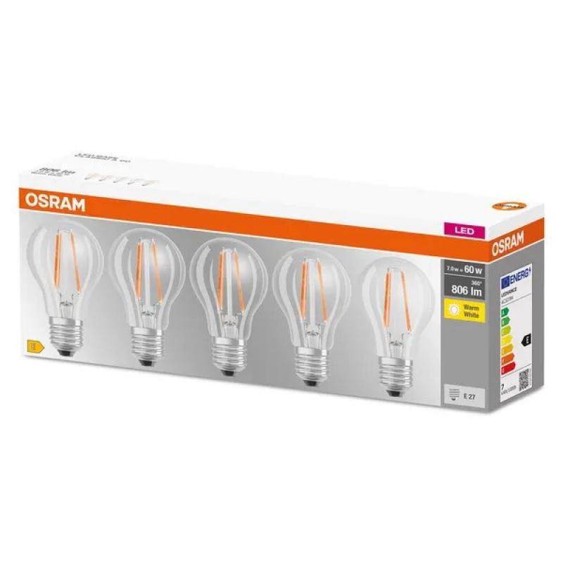 5er PACK Osram LED Leuchtmittel E27 Filament 6,5W warmweiss wie 60W 806 Lumen