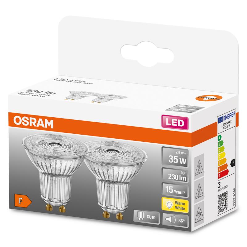 2er Pack OSRAM LED GU10 Strahler PAR16 36° Ausstrahlwinkel 2,6W wie 35W warmweißes Licht