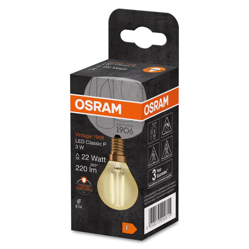 OSRAM LED VINTAGE E14 Glühbirne GOLD Tropfen 2,5W wie 21W extra warmweißes gemütliches Licht