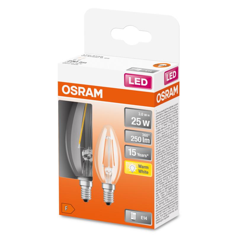 2er Pack OSRAM Klare E14 LED Filament Kerze 2,5W Ersatz für 25W warmweiß