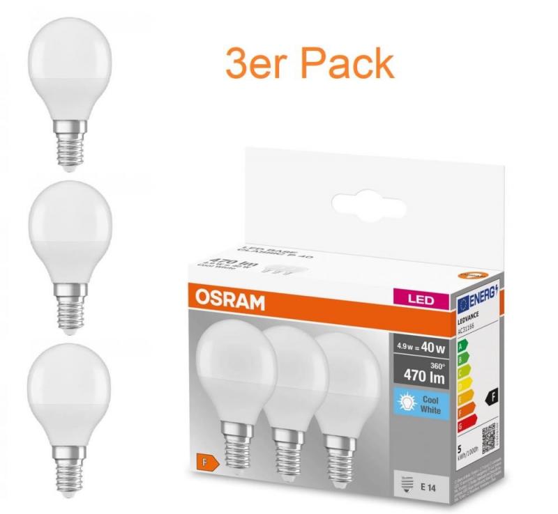 3er Pack OSRAM LED BASE E14 Leuchtmittel Tropfenform MATT 4,9W=40W neutralweiß