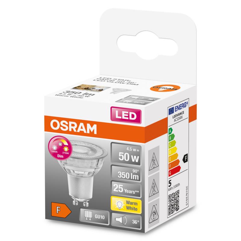 OSRAM LED PAR16 GU10 Strahler dimmbar 36° Ausstrahlwinkel 4,5W wie 50W warmweißes Licht mit veränderbarer Farbtemperatur